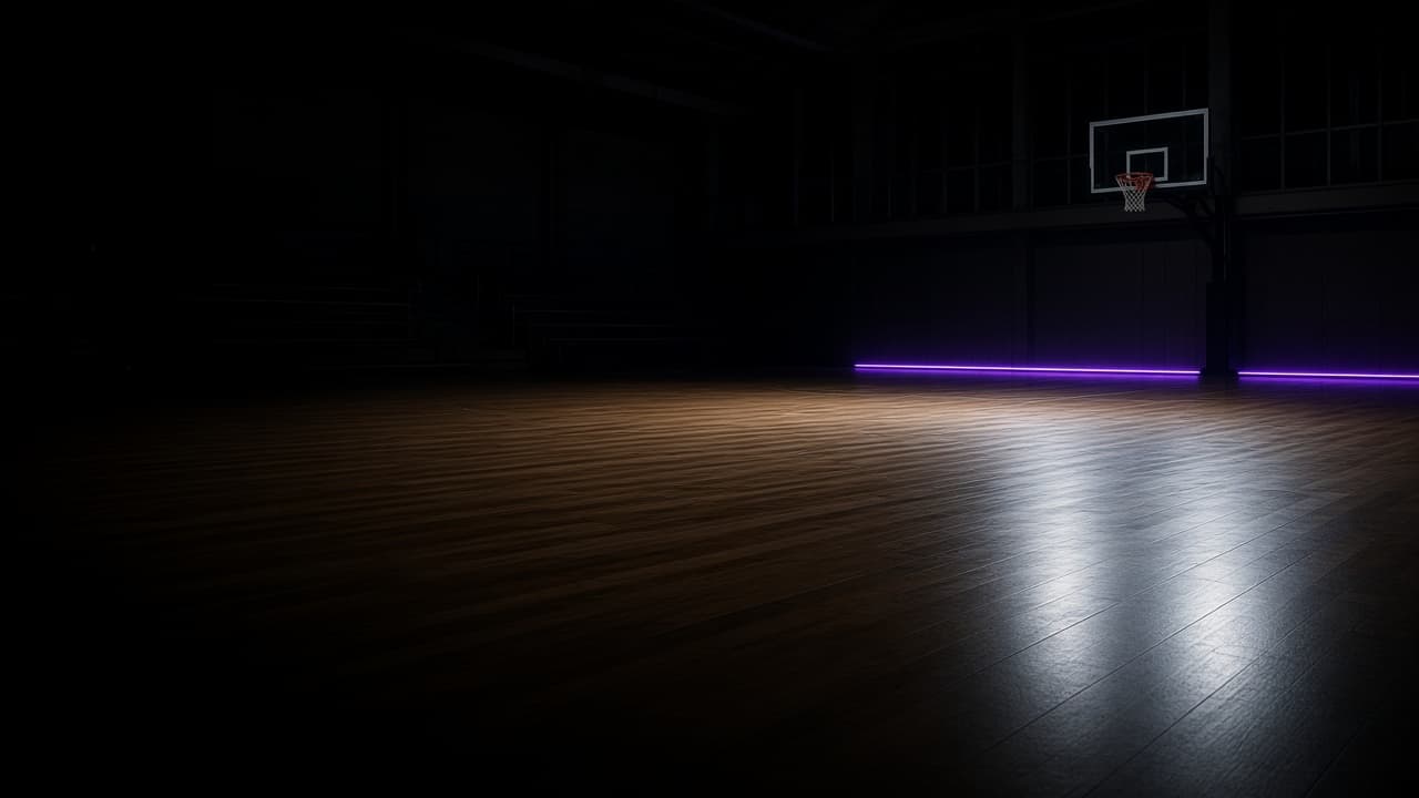 Empty indoor basketball court at night
